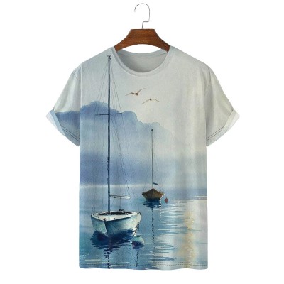 Art Hand Painted Watercolor Boat Short Sleeve T-Shirt