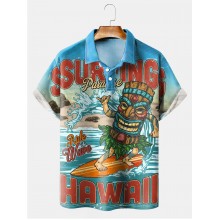 Men's Vintage Colorful Surf Big Tiki Mask Short Sleeve Polo Shirt