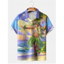 Classic Hula Tahiti Hula Dancer Print Short Sleeve Polo Shirt