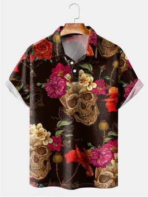 Men's Lapel Skull Flower Print Short Sleeve Polo Shirt