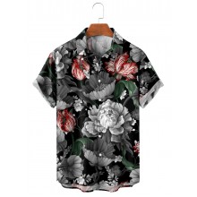 Retro Peony Flower Hawaiian Resort Style Casual Short Sleeve Shirt