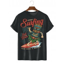 Men's Tiki Surfboard Illustration Short Sleeve T-Shirt