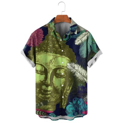 Men's Vintage Buddha Head Print Short Sleeve Shirt