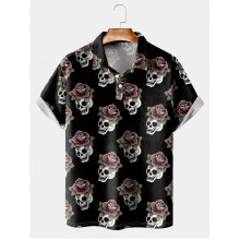 Men's Lapel Skull Print Short Sleeve Polo Shirt